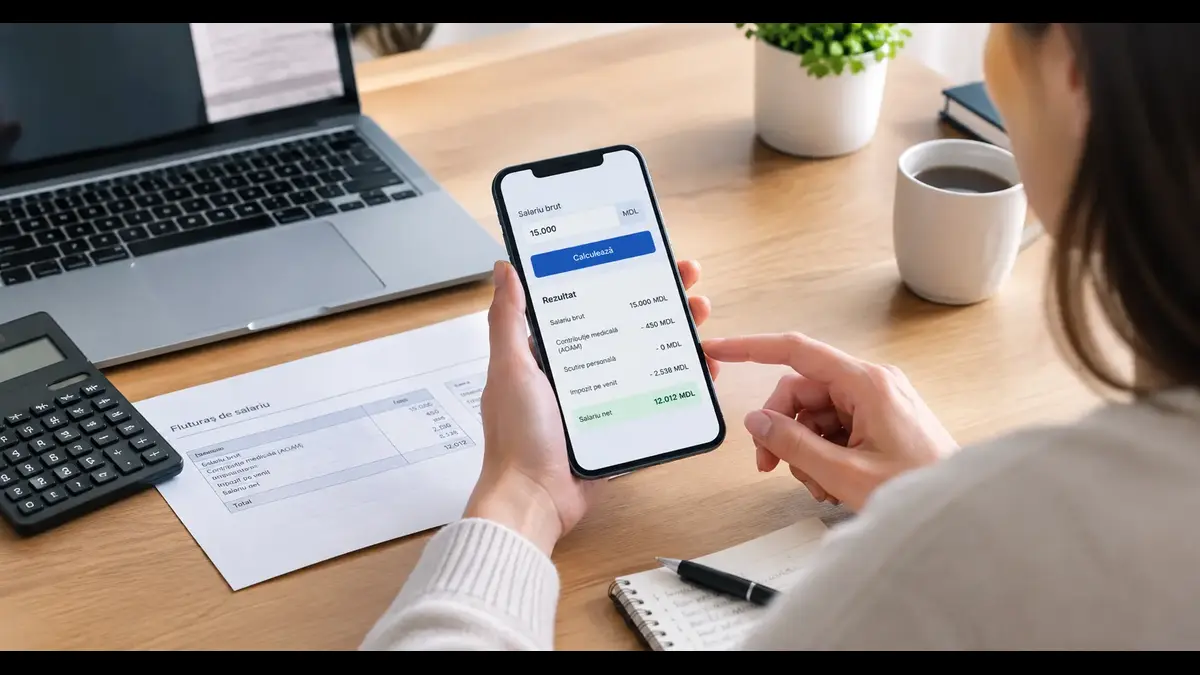 Persoană folosește un calculator salariu brut-net pe telefon