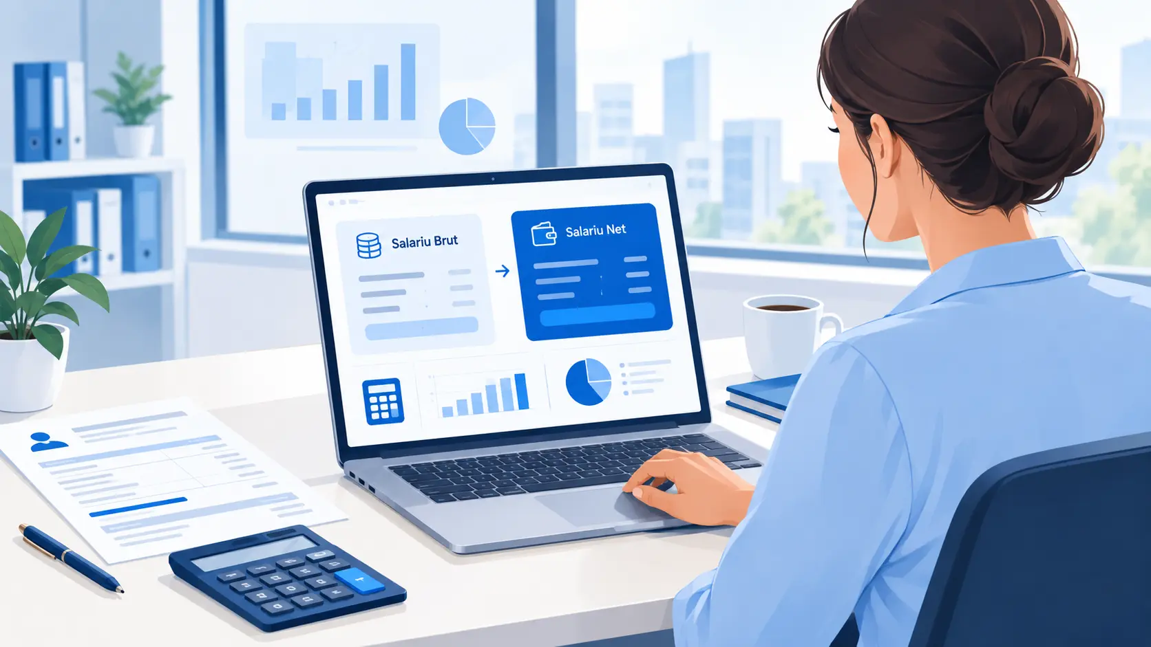 Angajat verifică salariul brut și net pe calculator în România