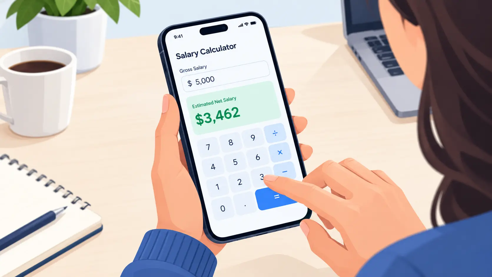 Persoană folosește calculatorul de salariu net pe telefon