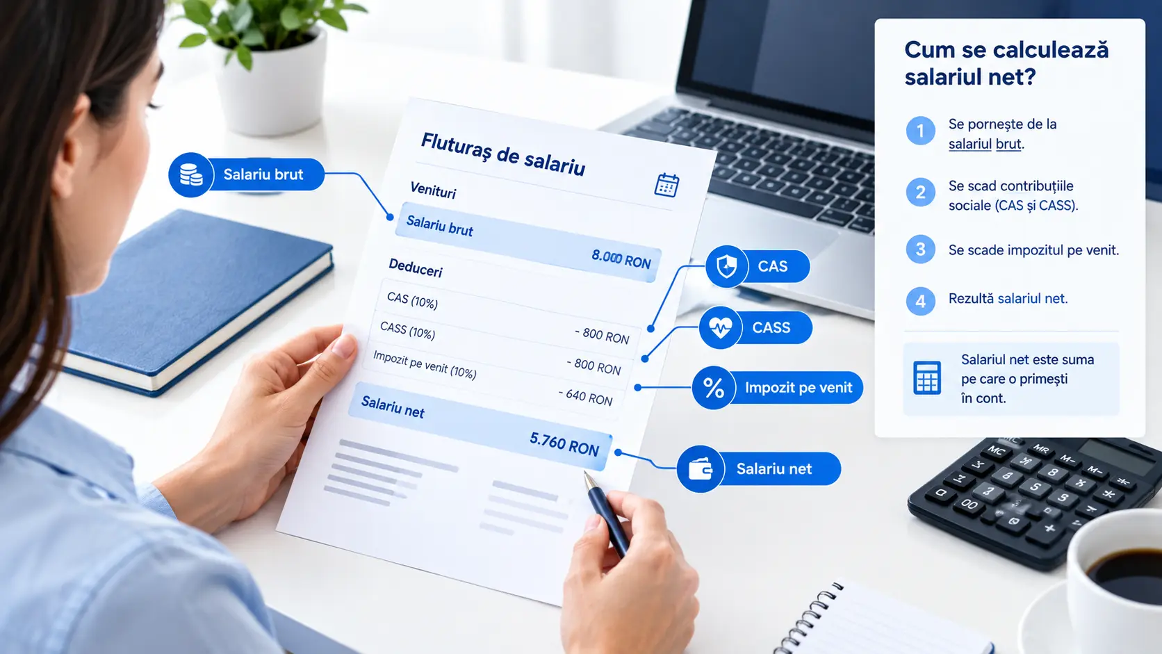 Fluturaș de salariu românesc cu evidențierea CAS, CASS și impozitului pe venit