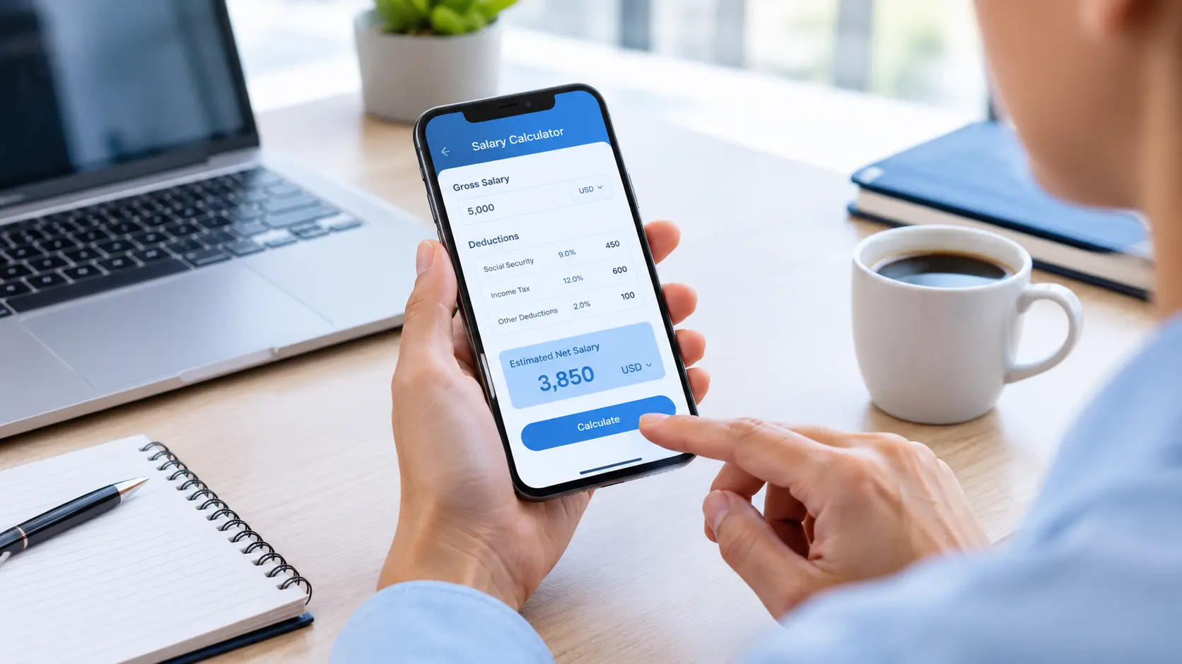 Persoană folosește calculatorul de salariu net pe telefon