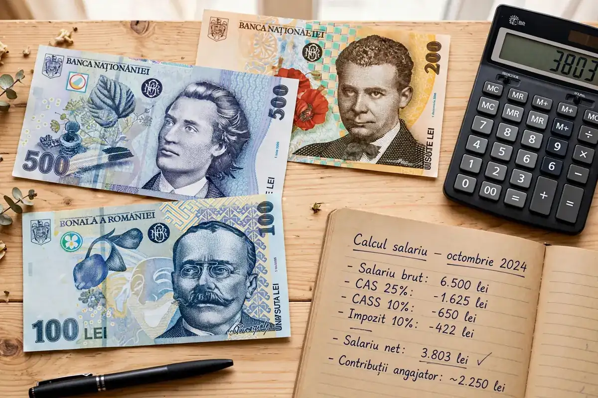 Calcul salariu net profesor România: bancnote lei și calculator