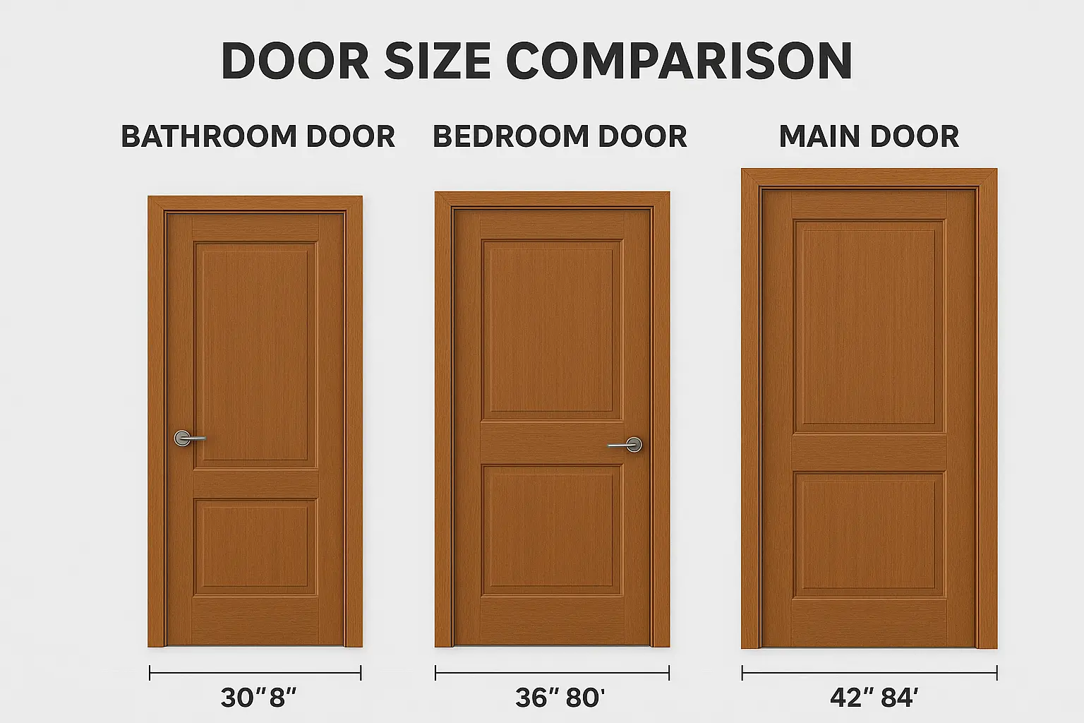 Bathroom, bedroom, and main door size comparison — 30x80, 36x80, and 42x84 inches — shown side by side with wooden textures.