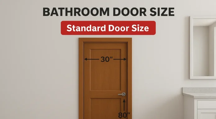 Bathroom Door Size Standard bathroom door size 30x80 inches shown with wooden door and measurement arrows in a modern bathroom interior.