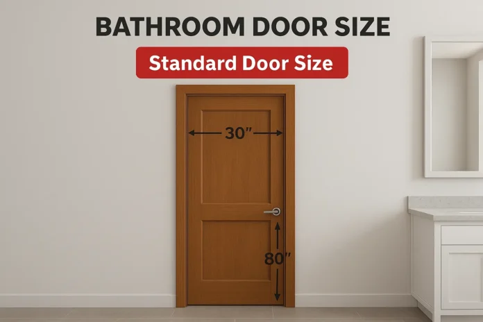 Bathroom Door Size Standard Dimensions & Sizing Guide 2026 Standard bathroom door size 30x80 inches shown with wooden door and measurement arrows in a modern bathroom interior.