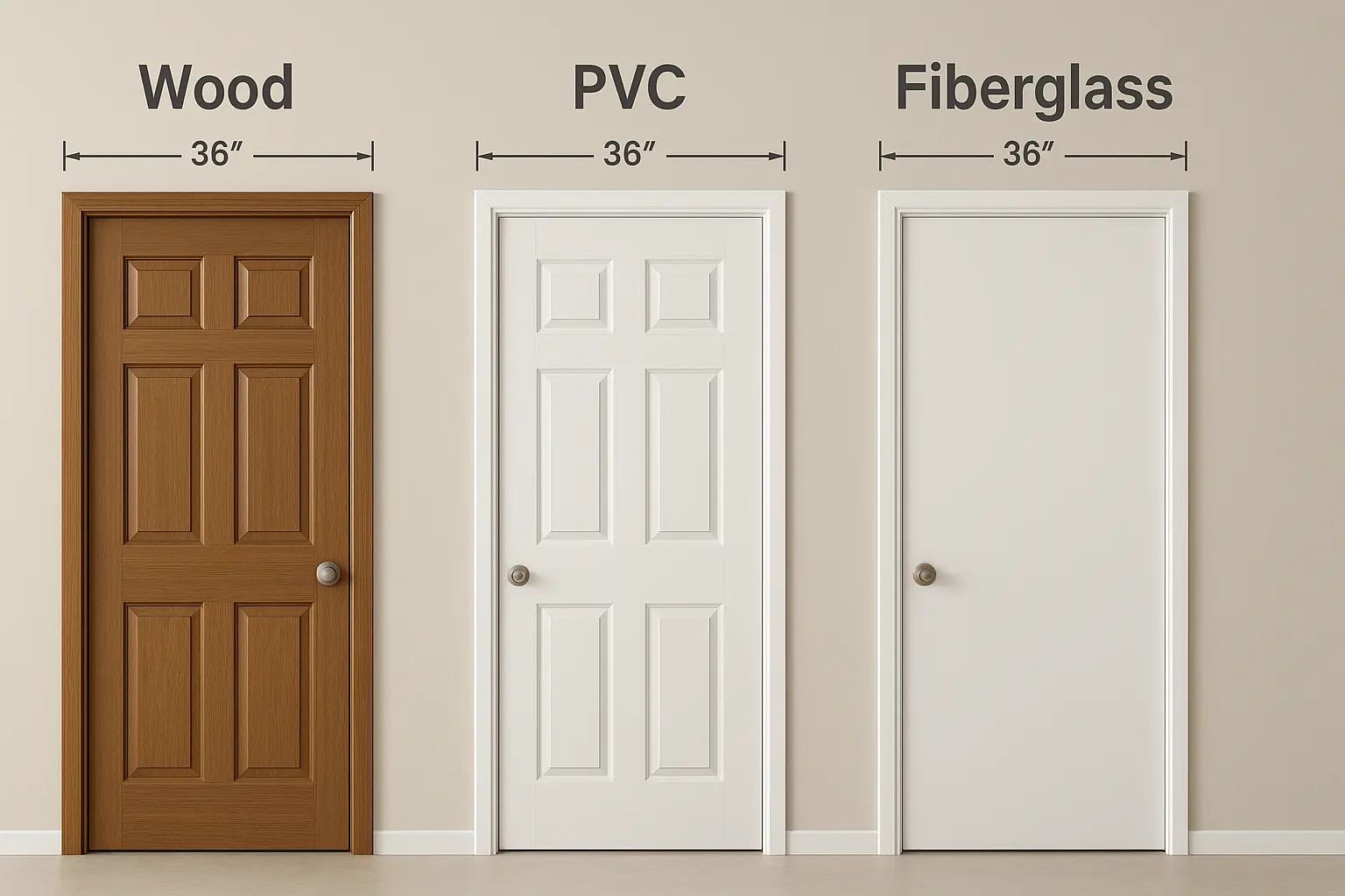Full bathroom doors in a row showing different materials — wood, PVC, and fiberglass — with clear labels, dimension indicators, and neutral background lighting; Bathroom Door Size comparison.