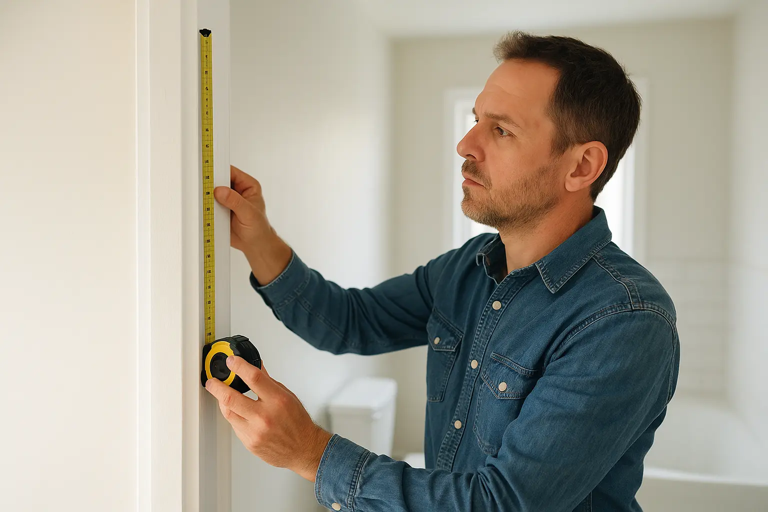 Person measuring a door frame with a tape measure during bathroom renovation — Bathroom Door Size guide in progress under natural daylight.