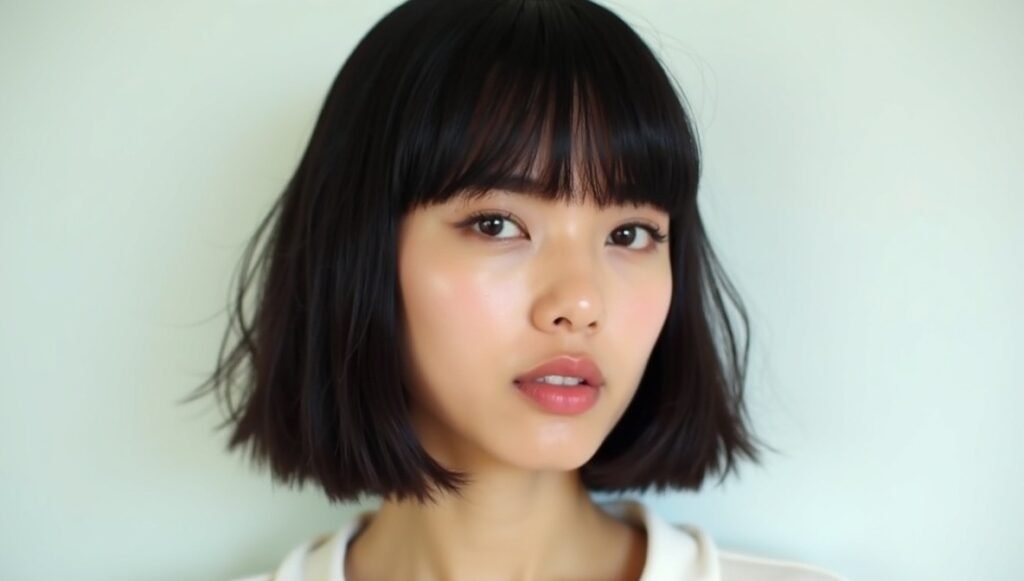 Blunt bob with full bangs or curtain fringe