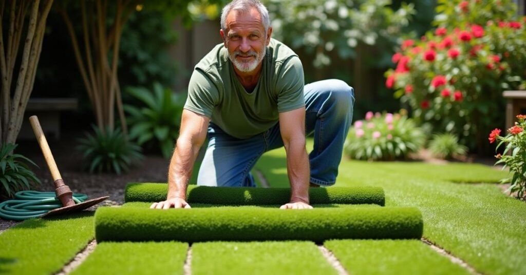 Laying turf in a staggered brickwork pattern