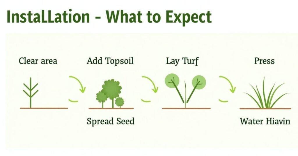 Infographic showing the full teal turf installation process from prep to first mow