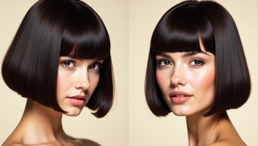 Blunt cut bob with center and side part variations