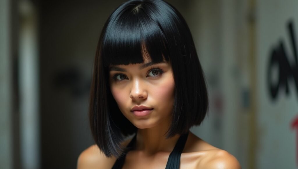 Sleek blunt bob on straight hair with sharp edges