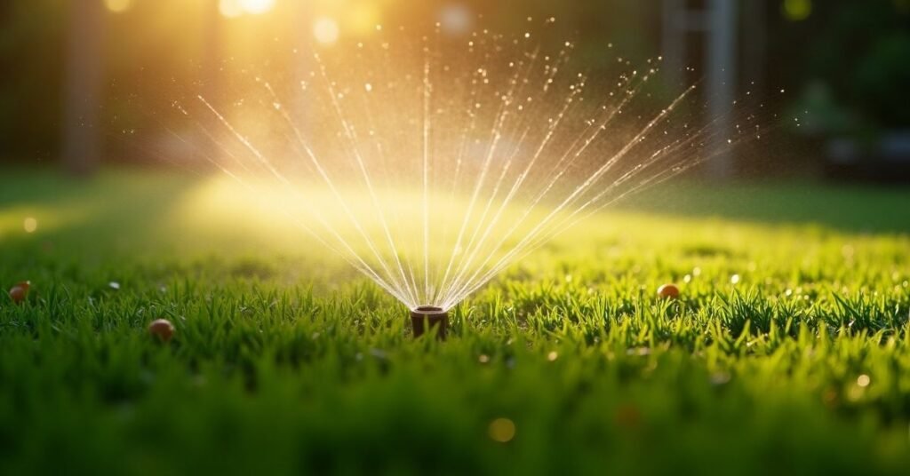 Sprinkler watering new turf lawn during aftercare phase