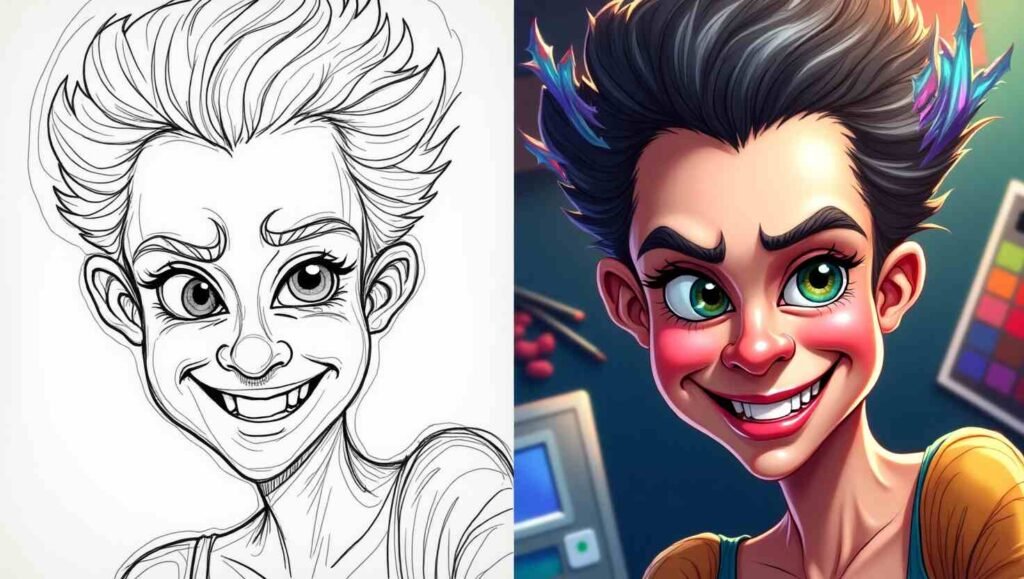 Caricatronchi portrait showing hand-drawn sketch and digital finish, blending surrealism and personality.