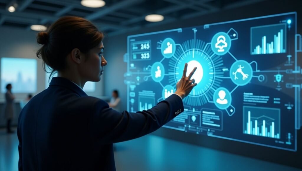 Person using Prizmatem technology with gesture and voice controls in a smart digital environment.