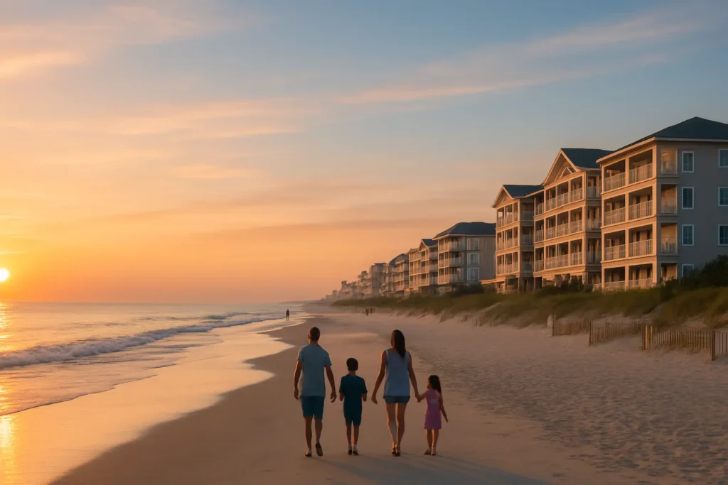 Hotels in Sea Isle City NJ near the beach during sunrise with relaxing coastal views.