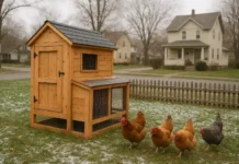 Buffalo’s Backyard Chicken & Coop Regulations Buffalo backyard with a small chicken coop and hens, representing 2026 urban chicken-keeping laws.