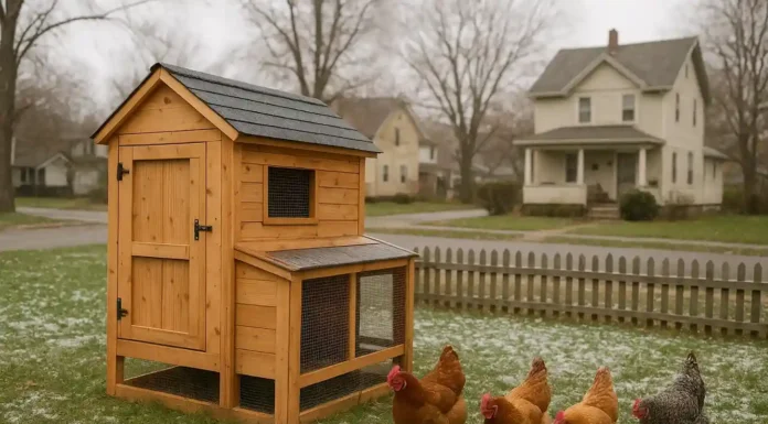 Buffalo’s Backyard Chicken & Coop Regulations Buffalo backyard with a small chicken coop and hens, representing 2026 urban chicken-keeping laws.