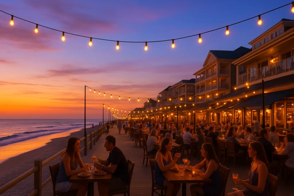 Hotels in Sea Isle City NJ near beachfront dining and nightlife spots at sunset.