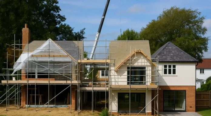 Cost to Build a House in the UK (2026 Update) Modern two-storey house under construction in the UK with scaffolding and timber roofing, illustrating the cost to build a house in the UK in 2026.
