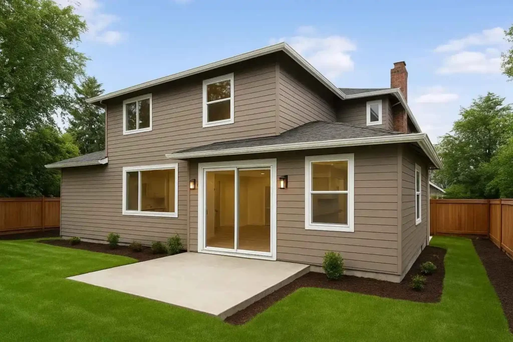 Modern home exterior featuring a newly completed 20x20 room addition with large windows, blending seamlessly with the original structure to enhance property value.