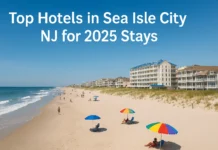 Top Hotels in Sea Isle City NJ Luxury beachfront hotels in Sea Isle City NJ with ocean views, palm trees, and sunset sky in 2025.
