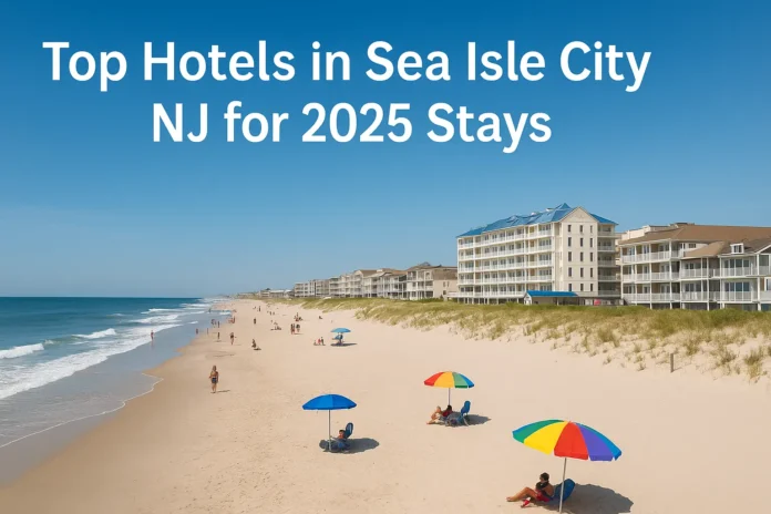 Top Hotels in Sea Isle City NJ for 2025 Stays Luxury beachfront hotels in Sea Isle City NJ with ocean views, palm trees, and sunset sky in 2025.