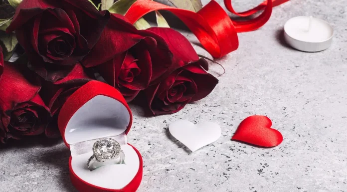 Geometric Rings: Modern Jewelry for Minimalist Style A diamond ring in a red heart-shaped box placed beside red roses and decorative heart shapes on a textured surface, styled as a romantic jewelry display.