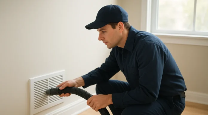 How Often Should You Clean Your Air Ducts A technician cleaning an air duct vent inside a home using a vacuum hose.