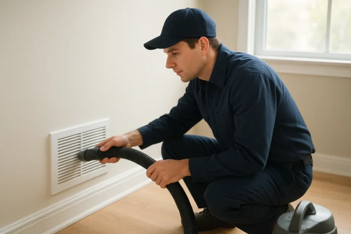 A technician cleaning an air duct vent inside a home using a vacuum hose.