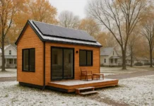 How to Choose Tiny Home Builders in Buffalo, NY Modern tiny home in Buffalo NY with solar panels and energy-efficient design surrounded by a suburban neighborhood.