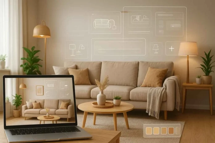 AI-powered interior design turning a Pinterest board into a real living room, showing digital interface, moodboard, and Scandinavian-style decor