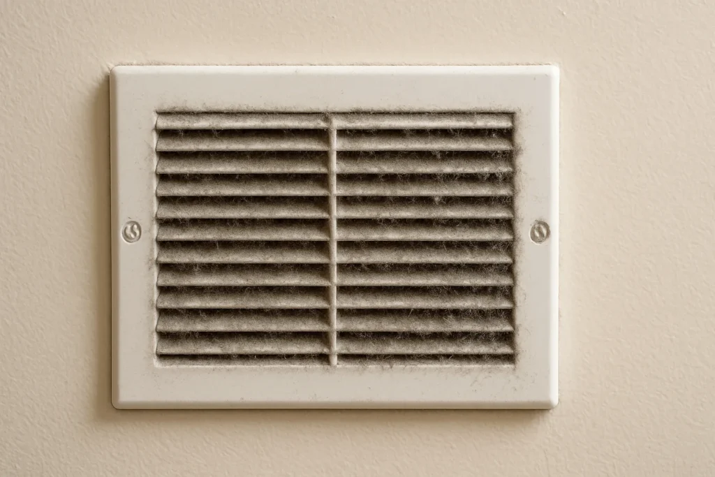 Dirty air vent cover showing buildup of dust, indicating the need for air duct cleaning.