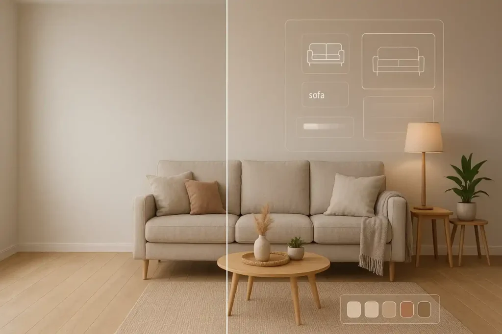 AI interior design transforming a real empty room into a Pinterest-inspired living space showing Scandinavian minimal style, furniture layout, and color palette