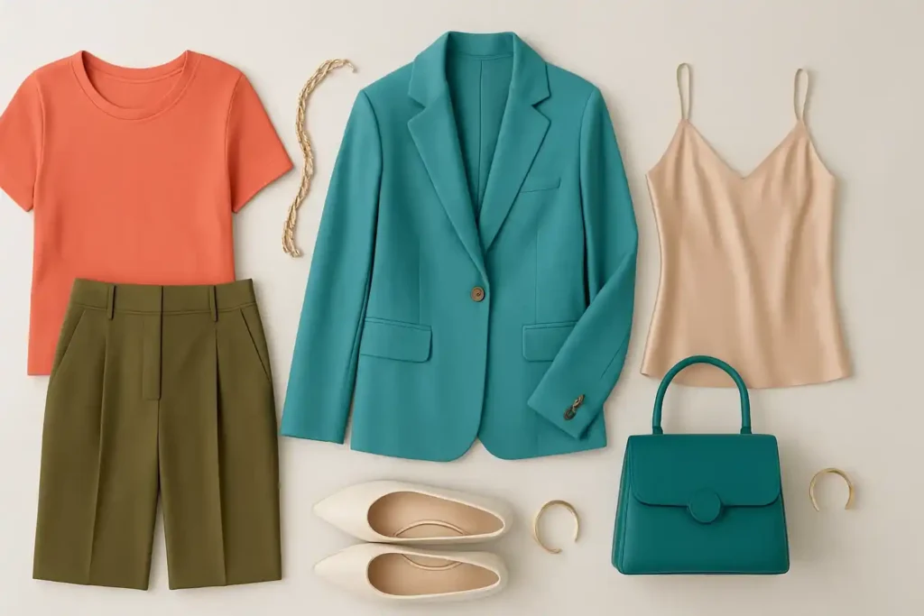 Flat-lay of coral, turquoise, teal, gold, olive green, champagne, and white clothing colors that visually enhance a tan-like glow