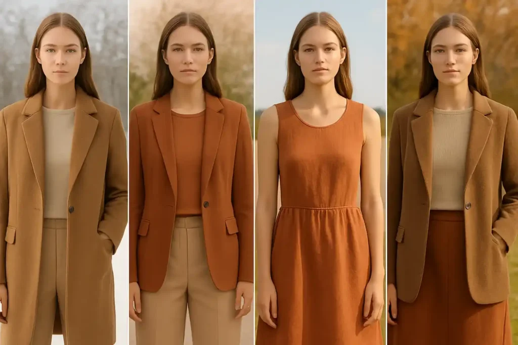 Seasonal outfits for winter, spring, summer, and fall using clothing colors that enhance a tan-like appearance