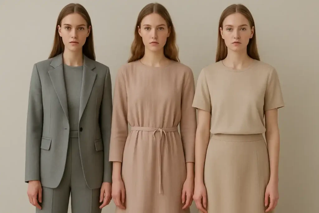 Muted gray, dusty pastel, and beige clothing colors that reduce contrast and make skin appear less warm