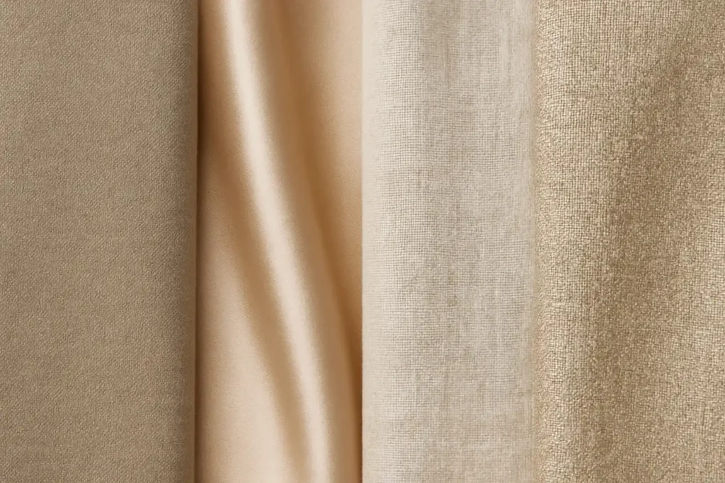 Close-up of matte, glossy, linen, and metallic fabrics showing how different textures reflect light on skin