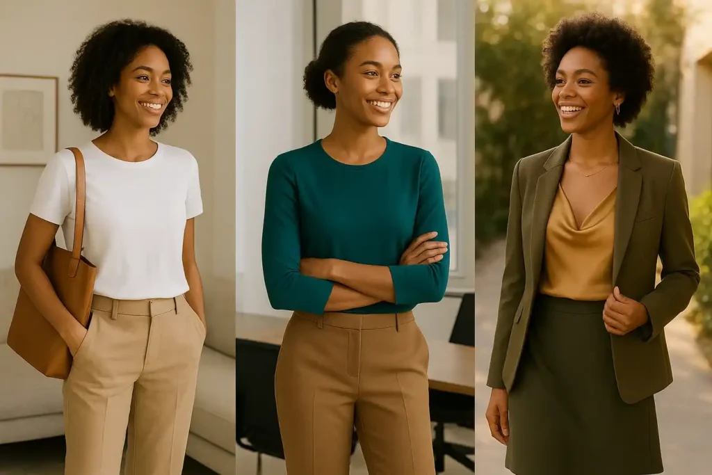 Casual, office, and evening outfits styled in white, teal, gold, and olive colors that help skin look more tan