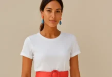 What Colors Make You Look Tan? A Science-Backed Guide to Enhancing Your Glow Woman wearing bright white clothing with coral and turquoise accents, showing how contrast and warm colors make skin appear more tan and sun-kissed