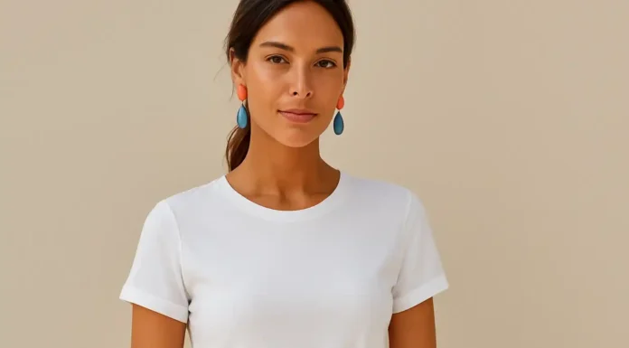 What Colors Make You Look Tan? A Science-Backed Guide to Enhancing Your Glow Woman wearing bright white clothing with coral and turquoise accents, showing how contrast and warm colors make skin appear more tan and sun-kissed
