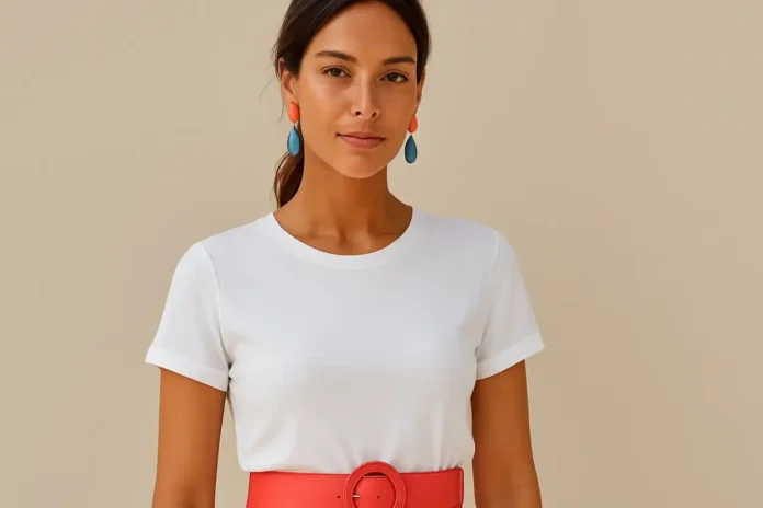 What Colors Make You Look Tan A Science-Backed Guide to Enhancing Your Glow Woman wearing bright white clothing with coral and turquoise accents, showing how contrast and warm colors make skin appear more tan and sun-kissed