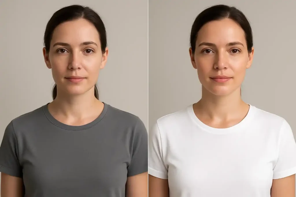 Side-by-side comparison of muted gray and bright white outfits showing what colors make you look tan through color contrast on skin