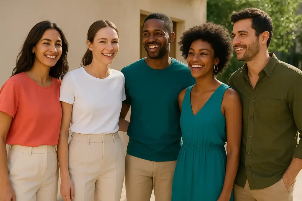 People with different skin tones wearing coral, white, teal, turquoise, gold, and olive outfits that enhance natural skin warmth