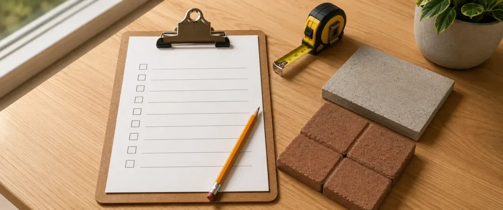 Patio project cost checklist and contractor quote sheet on wooden desk