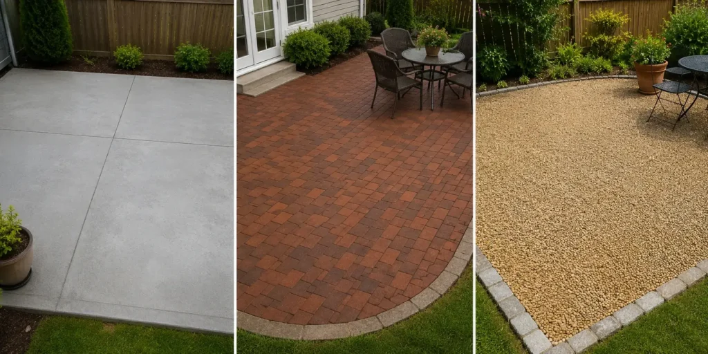 Three 10x10 patio material options — concrete slab, clay pavers, and pea gravel side by side