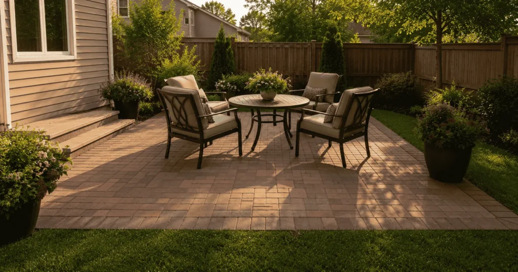 12x12 patio cost 2026 — finished paver patio in residential backyard