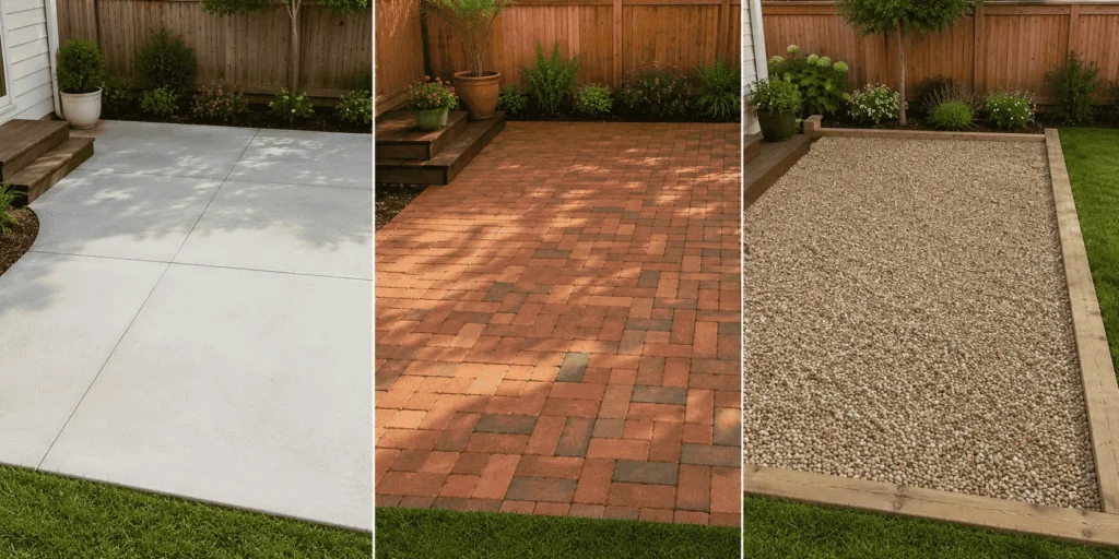 12x12 patio material comparison — concrete slab, brick pavers, and pea gravel options