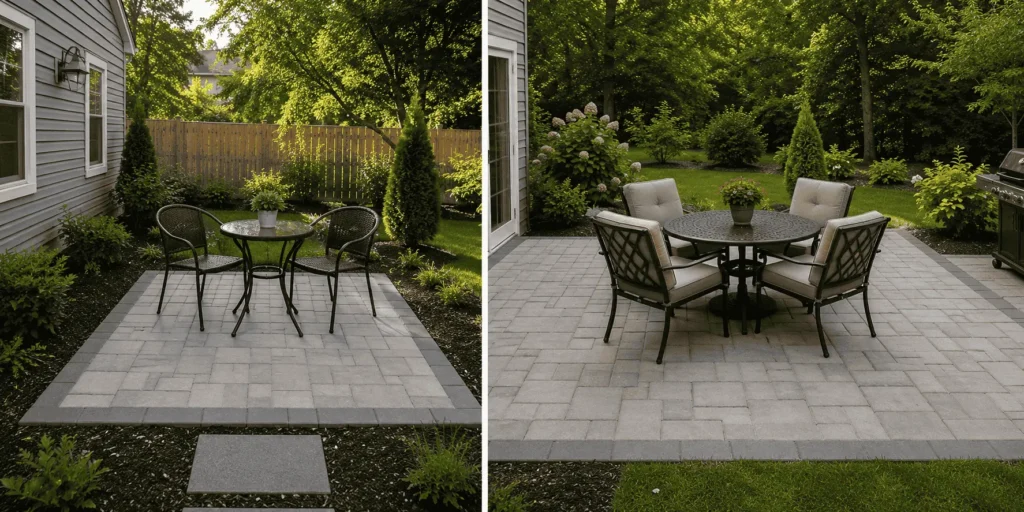 Side by side size comparison of a 10x10 patio versus a 12x12 patio in a backyard