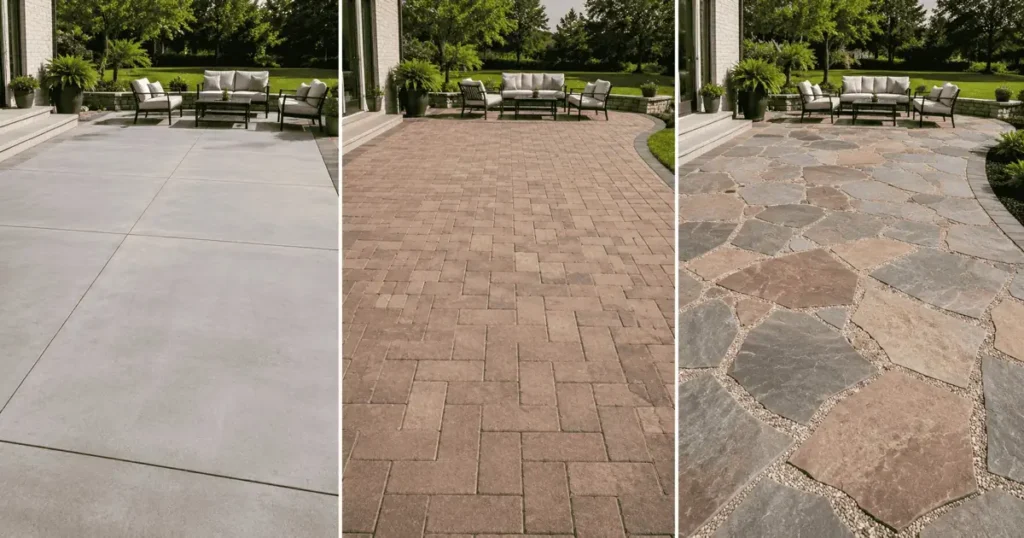 20x20 large patio material options — concrete slab, brick pavers and natural flagstone